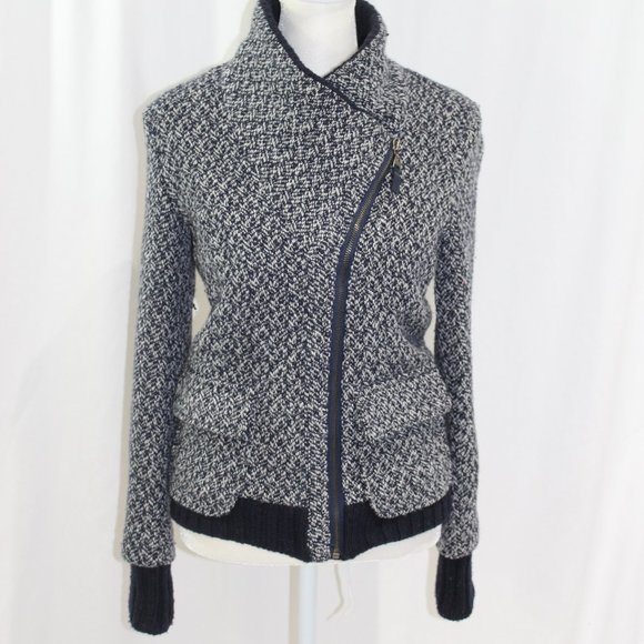 Splendid Blue White Wool Blend Asymmetrical Zip Jacket - Picture 1 of 8